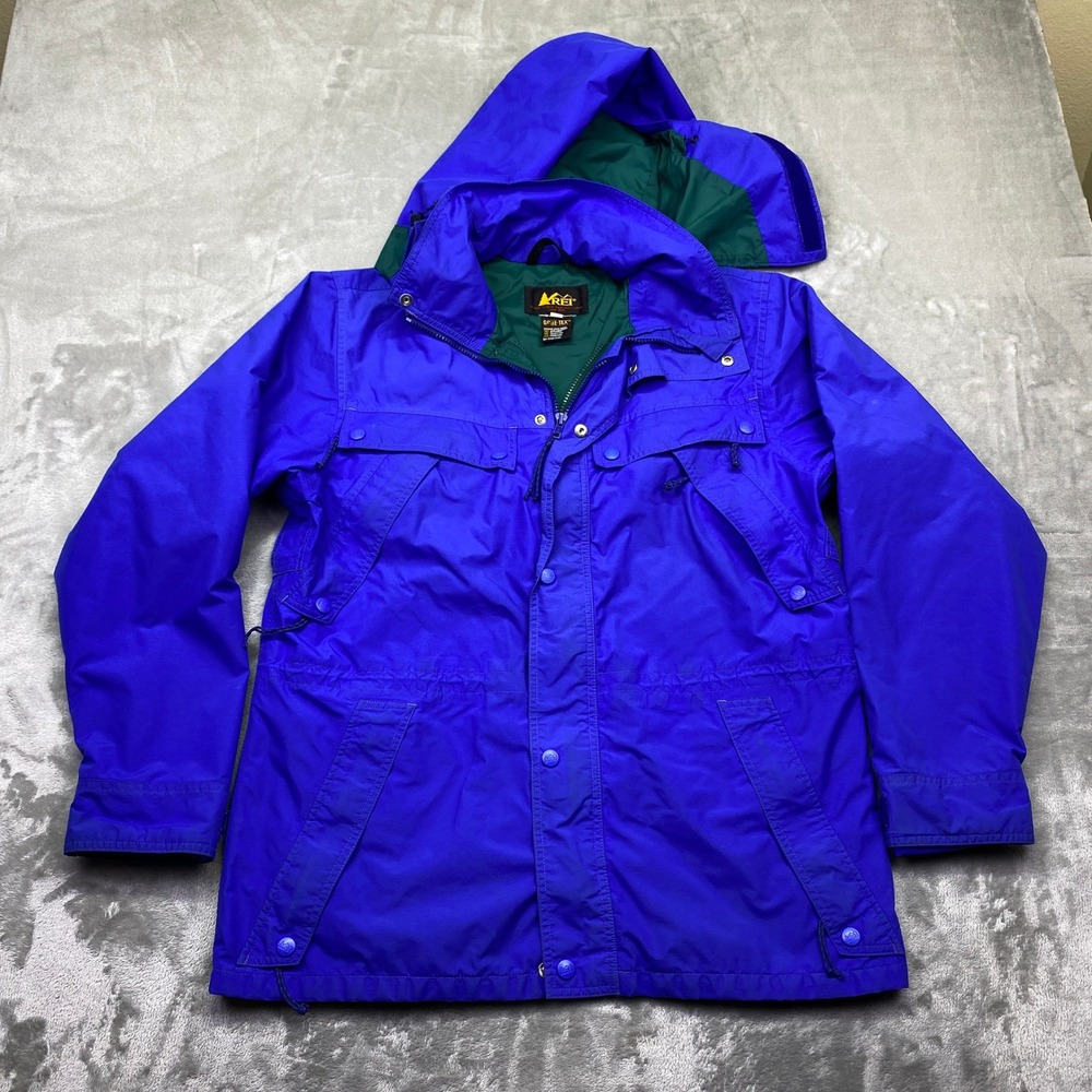 REI Gore-Tex Jacket Blue Green Hooded Outdoor Hiking Adventure‎ Size S Grunge